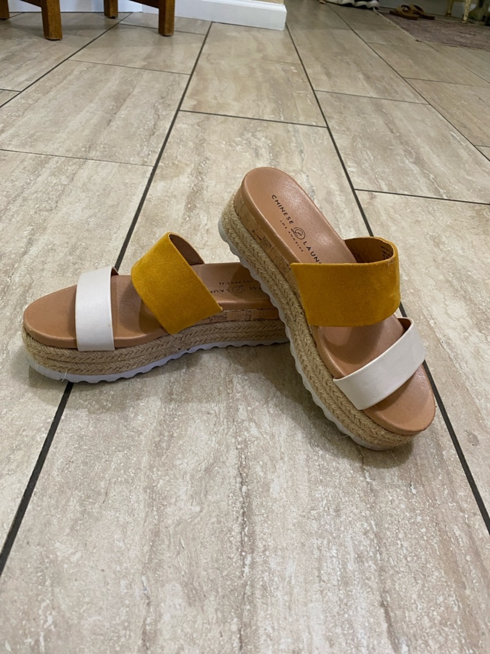 Chinese Laundry Mustard and White Double-Strap Platform Slides